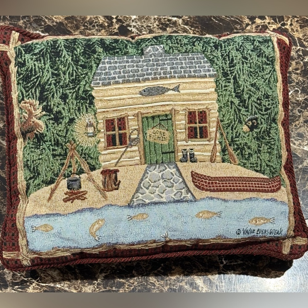 La France Home Rustic Fishing Cabin & Pines Tapestry Decorative Pillow 17x15